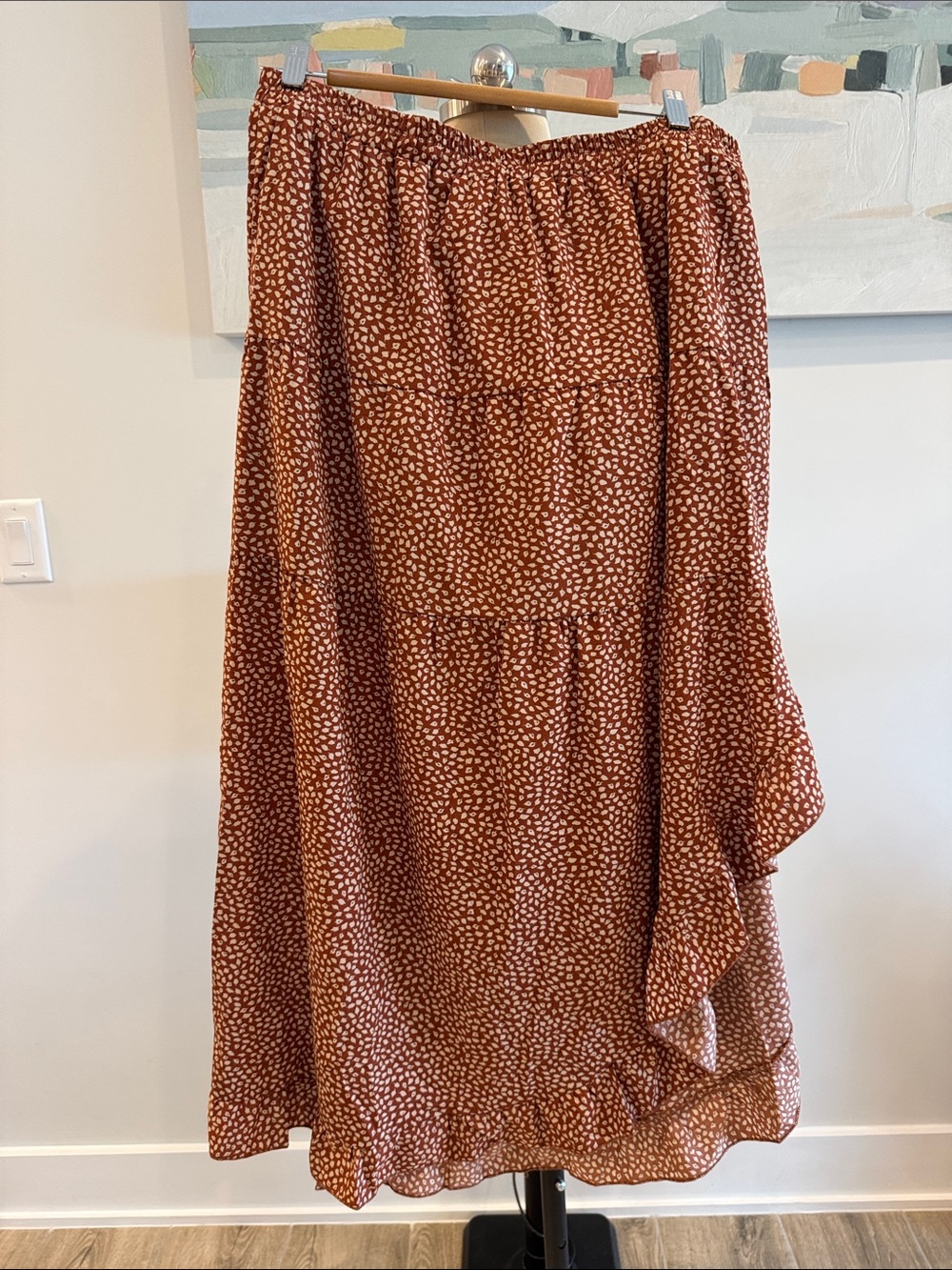 Women’s Rust Printed Tiered Maxi Skirt- ruffles and side feminine floof- XL